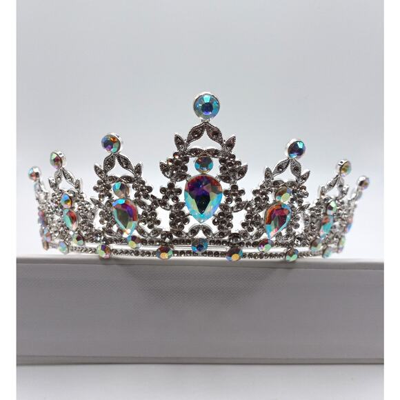 Silver Tiara Crown with Iridescent Aurora Glass Stones Princess Pageant Prom - Picture 1 of 5